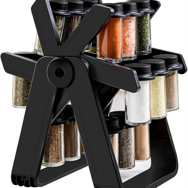 Rotating Spice Rack Organizer with 18 Glass Spice Jars, Revolving Spice Rack Set, 360°Rotating Ferris Wheel Spice Rack Seasoning Organizer for Countertop Kitchen(Black)